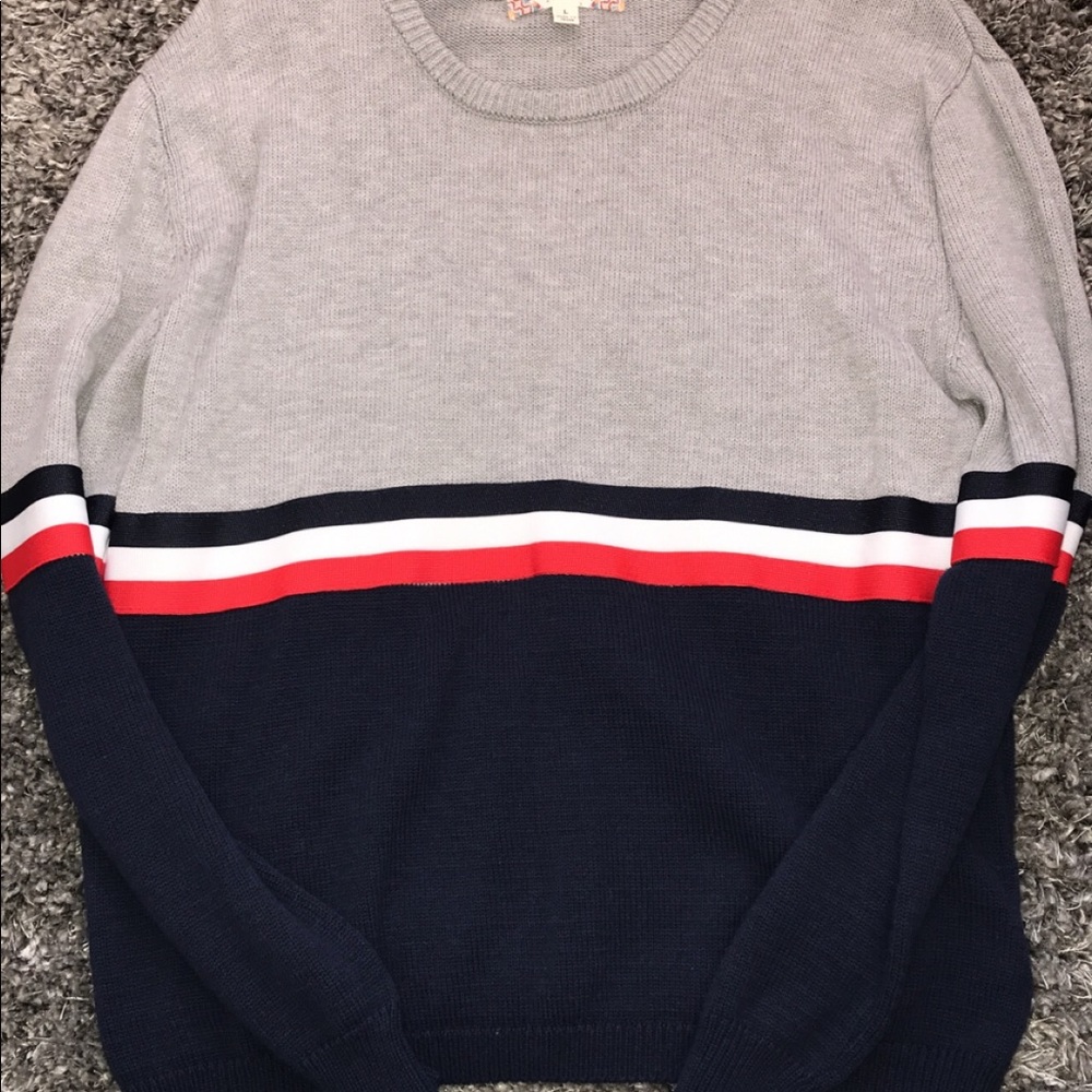 Grey white red and black sweater